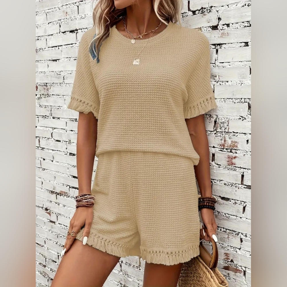 Women's Full Size Beige Waffle Knit Two-Piece Set - Picture 1 of 9